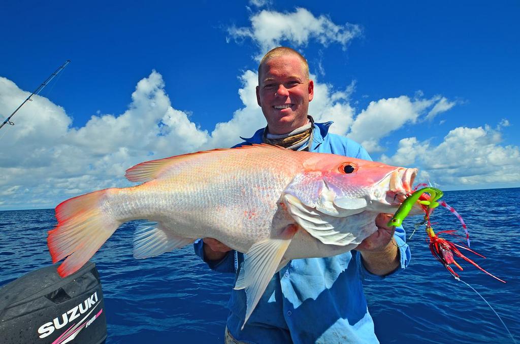 Ever seen a large mouth nannygai caught on a soft plastic frog?  Well now you have.  Sam with a snodger! © Lee Brake